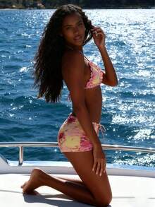 USA Cute Summer Print Ruffles Bikini Women V-Neck Two Pieces Girls Vacation Outfit Beachwear