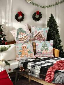 4 piezas, el tema navideño incorpora de manera ingeniosa elementos navideños, como árboles de Navidad, casas de pan de jengibre, etc. Decoración del hogar festiva, diseños alegres, estampados festivos, material de fácil cuidado, fundas duraderas, cojines festivos, cojines decorativos, para compradores de regalos, entusiastas de la Navidad