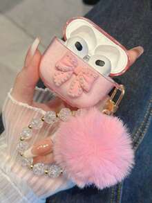 Apple Aesthetic Pink Bow Earphone Case Decorated With Faux Pearl & Bowknot & Fluffy Ball Charm Chain - Pink - View 7