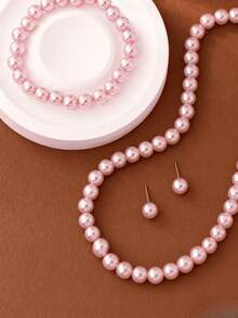 3 Pieces Pearl Style Necklace Bracelet Earrings Set For Women Girls Adjustable Hypoallergenic Jewelry Gift For Teen Girls Daughter Birthday Party Luxury Gift Boxed - Hồng - Xem 4