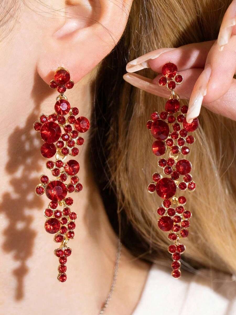 1 par de elegantes pendientes largos de cristal rojo, adecuados para discoteca, fiesta, boda y uso diario para mujeres, otoño/invierno