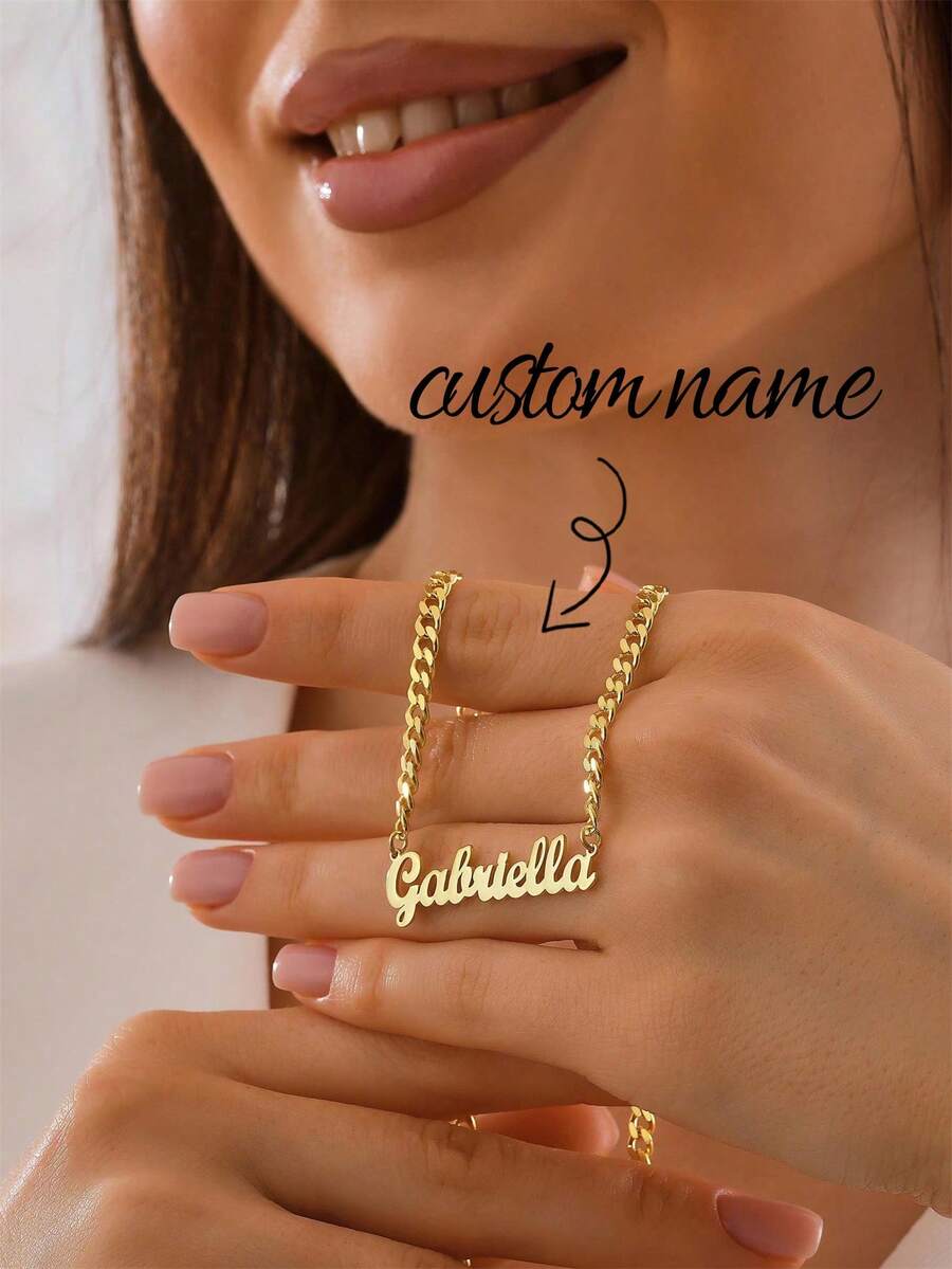 1Pc Personalized Stainless Steel Name Necklace With Cuban Chain,Minimalist Name Necklace,Daily Custom Text Necklace Ornaments For Her,Anniversary Gift, Birthday Gift, Christmas Gift