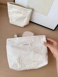 1 PC White Bow Clutch Bag For Travel And All-Match Portability Back To School Make Up Bag, Fashionable And Casual Large Capacity Portable Zipper Makeup Bags, Travel Storage Stationery Storage, Vacation Essentials Cosmetic Bags For Pouch Pads, Wired Earphones, Earpods, Headphones, Charger, Lipsticks, Perfume, Skin Care And Beauty Products,Gifts For Women,Christmas Gifts,Gift Ideas For Women