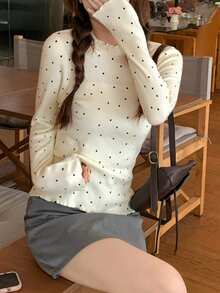 Autumn/Winter Korean Style Polka Dot Frill Trim Crew Neck Long Sleeve Knit Sweater Top (Random Polka Dot) - Apricot - View 4
