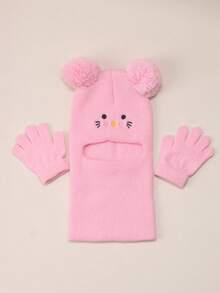 1 Set Balaclava+Gloves 1-5Y Cat Pom-Pom Black Balaclava Toddler Beanie Double Balls Baby Girls Boys Beanies Kids Winter Hats Children Knit Warm