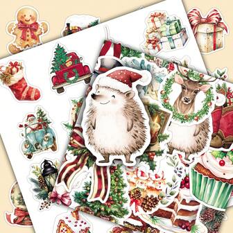 50pcs Watercolor Christmas Vintage Holiday Atmosphere Minimalist Creative Cartoon Decorative Calendar Refrigerator Stickers