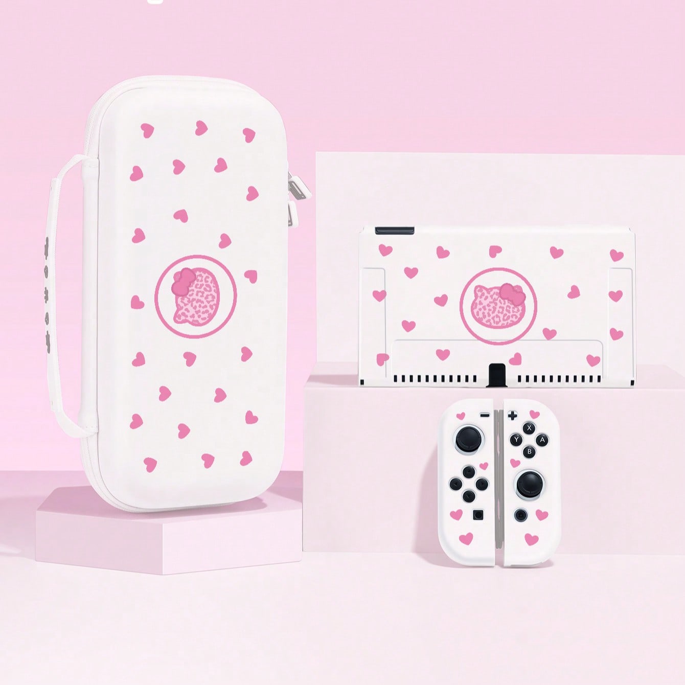 1pc Pink Heart, Bow & Leopard Print Kitten Pattern Protective Case Compatible With Nintendo Switch 2 (2025), Switch NS, Switch OLED, Switch Lite, Accessories For Nintendo Switch 2/Switch, Full Set Including Storage Pouch, Card Slot Dock, Best Gift For Switch Players