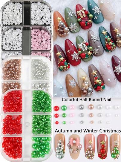 6格彩色半圆珍珠饰品指甲装饰珠圣诞DIY吊饰3D秋冬美甲配件零件