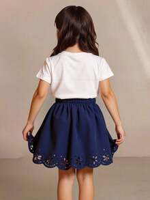 SHEIN 海军蓝时尚可爱蝴蝶结装饰百褶裙，适合年轻女孩，适合休闲优雅的日常穿着 - 藏蓝色 - 查看 4