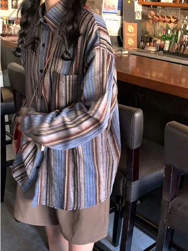 Plus Size Mulheres Casual Solto Listrado Ombro Caído Manga Longa Camisa