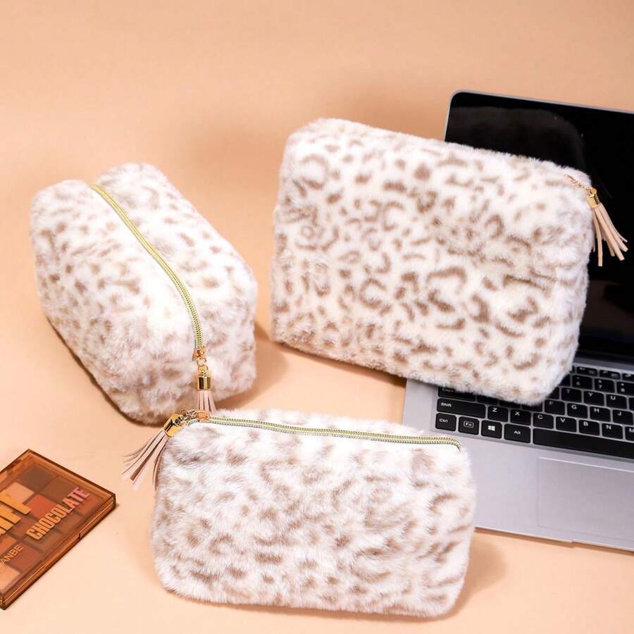 Geantă cosmetică de mare capacitate cu imprimeu leopard de pluș, geantă de mână drăguță de înaltă calitate, portofel, geantă de mână pentru femei/studenți, potrivită pentru călătorii, întâlniri, cămin și multe altele