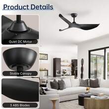 Sofucor Black 52-Inch Reversible Ceiling Fans With Remote Control Bedroom Ceiling Fans Curved Blades Downrod Ceiling Fan No Light With Reversible 6 Speeds Timer Fan - 黑色 - 查看 3