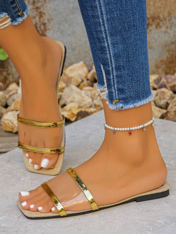 Damen Herbst/Winter Neue Kristall Strass Transparente Pantoffeln, Gold Pantoffeln, Mode leichte flache weiche Sohle Slip-On Pantoffeln, Innen-/Außenbereich Tragen, Lässig Strandschuhe, Komfortabel und göttlich