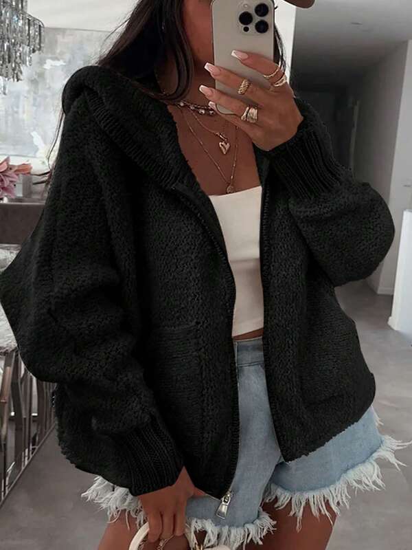 Cardigan en tricot unicolore pour femmes avec poches zippées, porter décontracté au quotidien