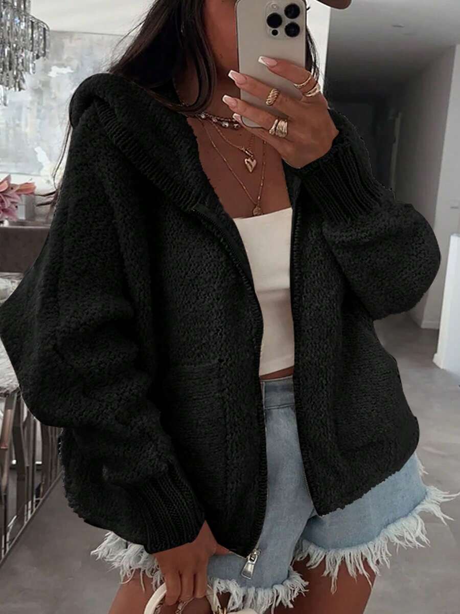 Women's Solid Color Knit Cardigan With Zipper Pockets, Casual Everyday Wear Black