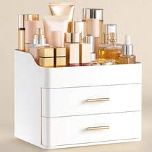 Makeup Organizer Vanity With 2 Drawers, Large Bathroom Countertop Cosmetics Organizer Skin Care Storage, Easy To Store Lipsticks, Nail Polishes, Perfumes, Eyeshadow Palettes, All White - 最初的 - 查看 2