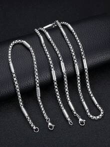 2pcs Stainless Steel Chain Bracelet & Necklace Set, Versatile All-Match Style Jewelry Accessories, Hip Hop Design - Silver - View 3
