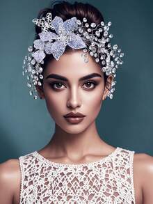 1pc Elegant Ombre Floral Headband With Sparkling Rhinestone Alloy Leaf Decor, Romantic Bridal Headpiece Suitable For Wedding, Halloween, Christmas, Party, Photography