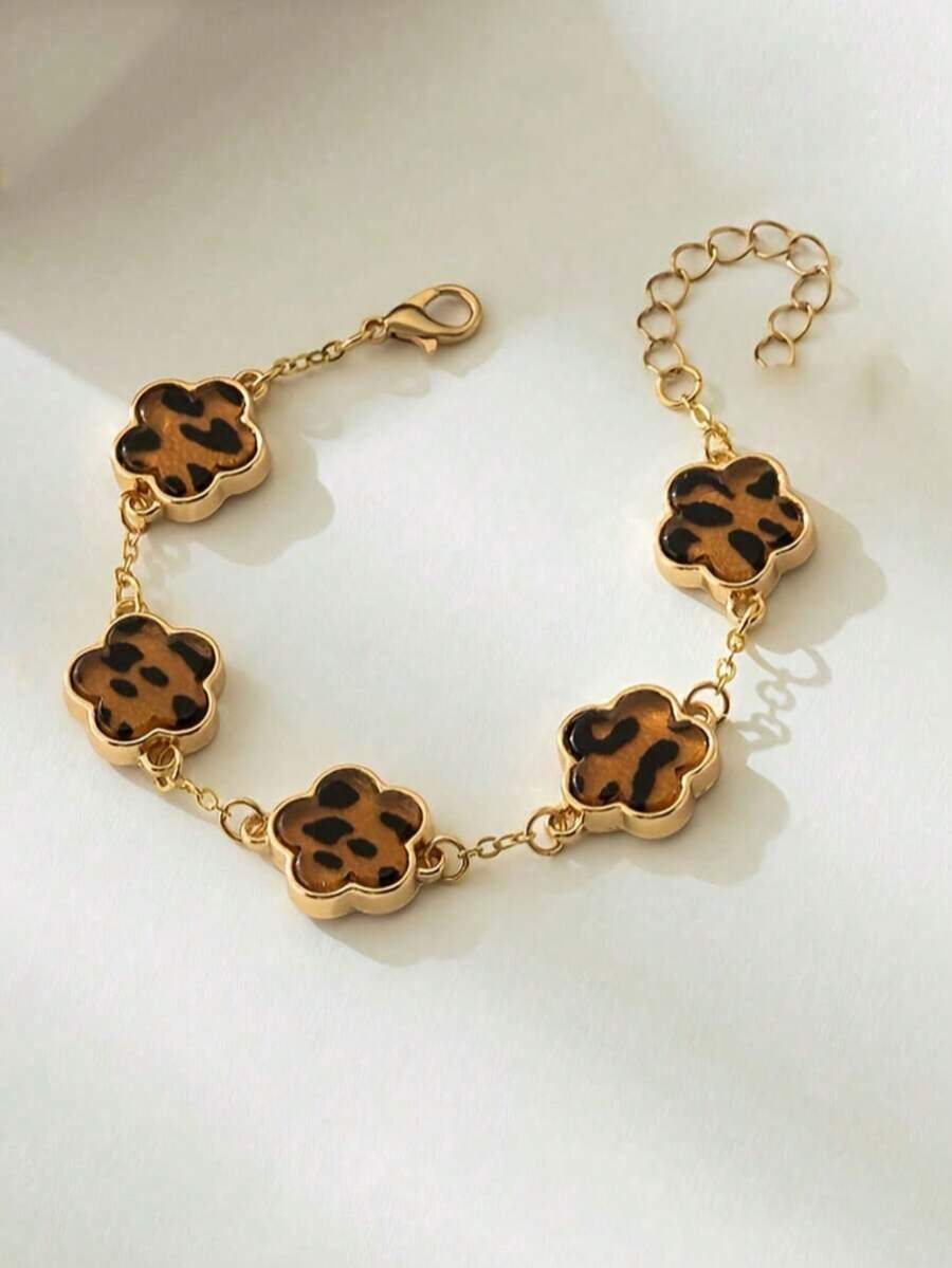 1pc Leopard Print & Clover Vintage Style Bracelet, Suitable For Women's Casual, Party, Fashion Matching