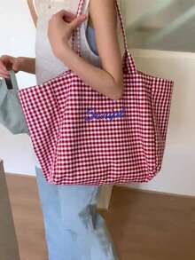 (Customized) Personalized Embroidered Minimalist Plaid Canvas Tote Bag, Original Niche Versatile Commuter Large Capacity Shoulder Bag For Students