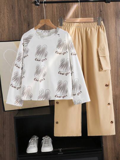 Left Mama Girls Cute Rabbit Print Long Sleeve T-Shirt And Straight Pants Set, Spring/Autumn