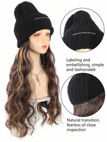 Beanie Hat With Long Wavy Curly Hair Extensions Black Knit Cap 22inch Synthetic Wig Hairpiece Warm Pom For Women Winter Ash Blonde - Multicolor - View 4