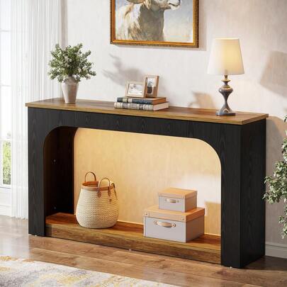 47.5" White Embossed With Dark Walnut Arched Hall Shelf, Stylish Entryway Table, Elegant Wood Grain Design, For Storage And Decoration