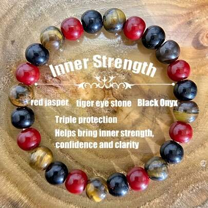 Elegant Tiger Eye & Red Jasper Beaded Bracelet - Natural Stone Friendship Jewelry For Women, Triple Protection & Inner Strength, Black Obsidian & Red Jasper Beads, Casual Attire Or Gift, Spiritual Accessory | Alternating Bead Colors | Polished Finish, Tiger Eye Jewelry
