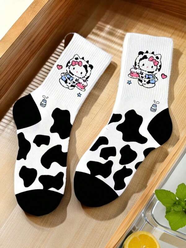 1/5/10 Pairs  Cow Print Women's Cute Cartoon Crew Socks, Black White Kawaii Anime Pattern Mid-Calf Socks, Soft Comfortable Breathable Versatile Casual Printed Stockings, Ideal For Autumn Winter Daily Commuting, Sports Fitness Running Cycling Travel Vacation Shopping Camping Parties Family Gatherings Back To School, Halloween Christmas Home Warmth, Perfect Gifts For Girls Couples