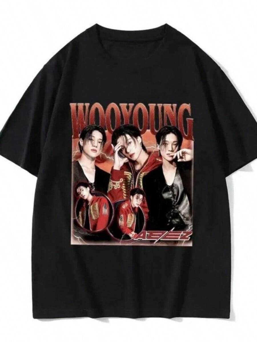 South Korea Ateezs MINGI Graphic T Shirt Hip Hop Retro Fashion Short SLEEs Ve T Shirt Casual Cotton T Shirt Streetwear - 黑色 - 查看 1