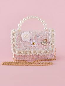 1pc Children's Pearl Flower Letter Alloy Sticker Decor Beaded Lace PU Felt Material Flap Closure Metal Chain Cute Beaded Handbag, Girls Sweet Princess Crossbody Bag, Snack & Coin Purse, Suitable For Christmas And Daily Use
