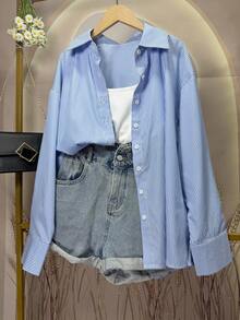 Women's Striped Print Button Front Casual Blouse, Fashion & Versatile, Autumn