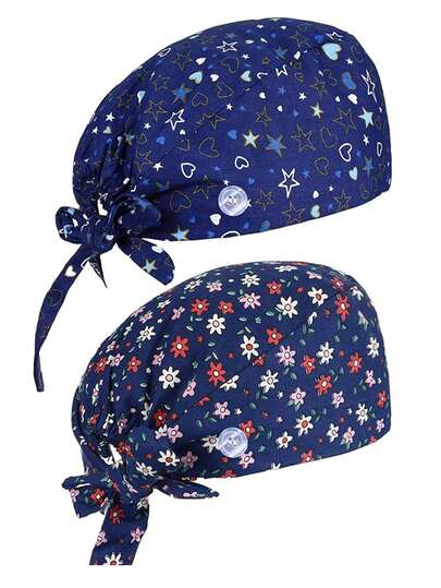 2pcs Unisex Work Hats With Button And Sweatband, Elastic Strap Adjustable Back Tie, Printed Pattern, Suitable For Surgery And Various Occasions