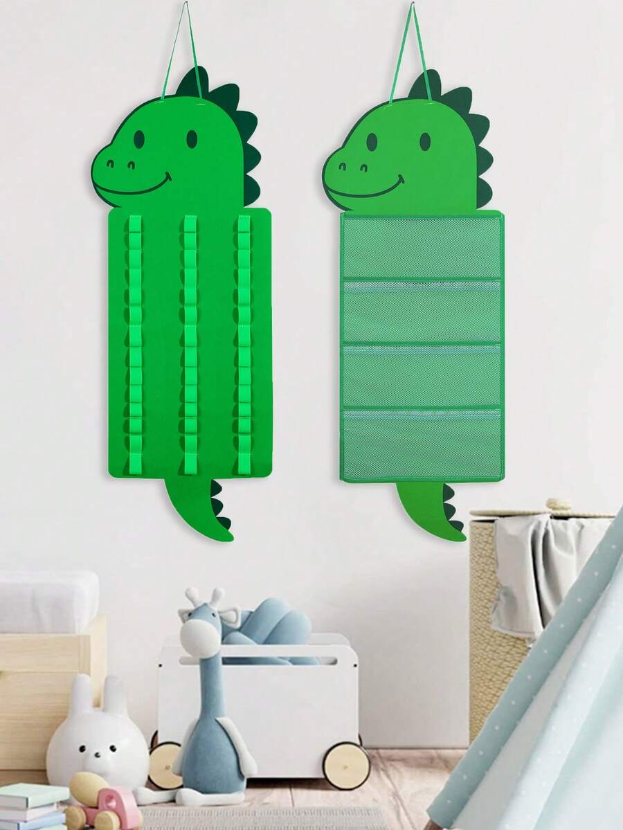 1 pièce Sac de rangement suspendu à 4 couches en forme de dinosaure vert, organisateur suspendu sur porte en forme de dinosaure de dessin animé, organisateur de rangement mural suspendu pour petites voitures, sac de rangement suspendu pliable, pour cuisine, chambre d'enfant, salle de bain, placard, chambre, dortoir, couches pour bébé.