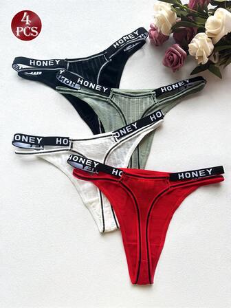 4 件套女士性感低腰丁字裤，舒适透气柔软 T 裤，高弹性，双腰带