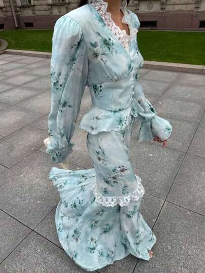 Women's Elegant Floral Lace Ruffle Trim 2 Pieces Set, Suitable For Daily Wear, Wedding, Party, Back To School Season