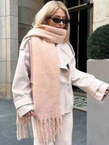 1PC Solid Color Thick Scarf For Winter Warmth Collar, Thick Wool Knitted Thick Tassel Scarf For Both Men And Women, Couple Style Gift For Friends And Family For Dress - 09-beige - View 3