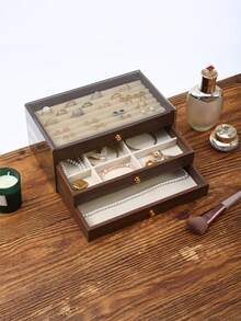 三层首饰盒，木质首饰收纳盒，亚克力首饰整理盒，复古风格首饰盒，抽屉式首饰盒，化妆品收纳盒，首饰展示整理盒，可展示戒指、耳环、项链、手镯，母亲节礼物，伴娘礼物，生日礼物，送给朋友和老师的礼物，女士理想礼物