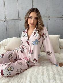 SANRIO 2件套Hello Kitty女士翻领纽扣长袖印花衬衫睡衣+松紧腰长裤可爱睡衣套装，秋冬服装 - 粉色 - 查看 1