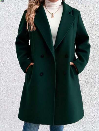 Plus Size Fluffy Knitted Regular Cardigan, Lapel Long Sleeve Double-Breasted Mid-Length Women Coat