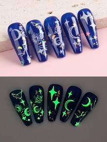 2 hojas de pegatinas luminosas para uñas con estampado de estrellas y lunas, estilo Y2K, para decoración de uñas, pegatinas para uñas DIY - Multicolor - Ver 8