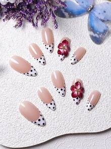 10 件手工制作杏仁形红色法国波尔卡圆点 3D 美甲贴纸，优雅奢华指甲贴花 - 彩色 - 查看 2