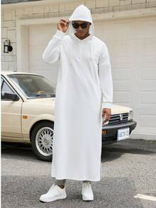 Kamisweat 穆斯林男士连帽黑色长袍，适合礼拜、度假、日常休闲、轻运动穿着。舒适的面料设计，简洁时尚的前胸拉链设计，两侧斜插口袋更加灵活，下摆两侧开衩设计，不易绊倒。多种颜色可选，蓝色、深绿色、橄榄绿、红色、卡其色、白色、灰色、棕色、紫色、红色，总有一款适合您。