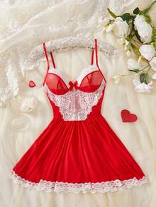 女士情人节睡裙，红色，V领，蝴蝶结装饰，露背薄纱，性感内衣，红色连衣裙，新娘婚纱，浪漫性感连衣裙 - 紅色 - 查看 6