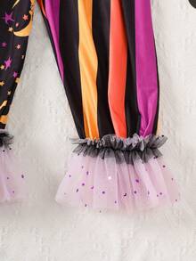 1pc Infant/Toddler Girls' Casual Fashion Colorful Striped Patchwork Star Moon Print Romper, Purple Mesh Ruffle Trim, Orange Pom Pom Decor, Half-Zip Front, Princess Daily Outfits, Halloween New Arrival 2025