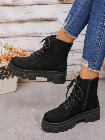 Women's Fashion Boots, New Comfortable Versatile Platform Short Boots, Casual Stylish Punk Lace-Up Hollow Out Side Zipper Motorcycle Boots
