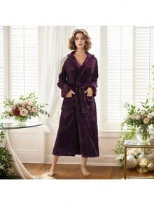 Flannel Plain Weave Hooded Bathrobe, Soft, Comfortable, And Warm Women's Nightgown, Short-Length Terry Cloth Shawl-Collar Bathrobe - Màu tím đậm - Xem 2