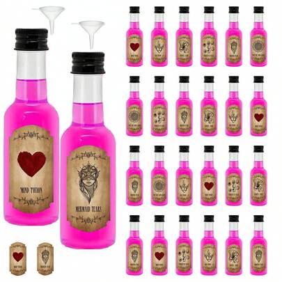 24/4pcs Mini Halloween Liquor Bottle,Beverage Dispensing Bottle,Mini Plastic Juice Bottles,With Golden,Silvery And Black Screw Caps,And With Halloween Labels,For Milk, Coffee, Juice, Beverage And Sauce,For Halloween Decoration Supplies,Trick Or Treat Party,Festive Room Decor