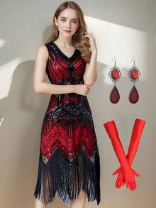 三件套闪亮礼服派对套装，金色、黑色和红色可选，20世纪20年代复古派对礼服，无袖V领亮片、串珠和流苏装饰蕾丝边正式礼服，女士派对套装包含耳环和手套（不含发带） - 彩色 - 查看 18