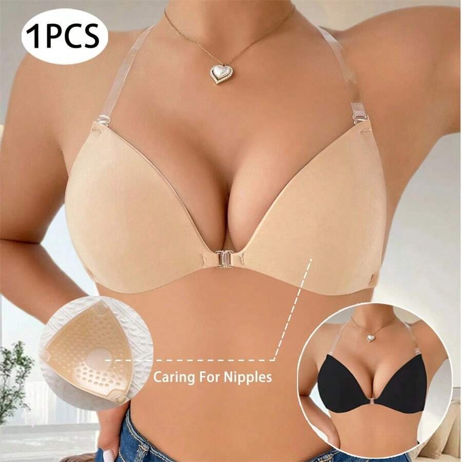 Sujetador invisible reutilizable de color carne para mujer, sujetador push-up de unicolor con copa triangular, cubiertas de pezones de silicona sin espalda y sin tirantes, accesorio sexy de lencería con tirantes transparentes y extraíbles, ropa interior sin costuras color nude con botón frontal, para fiestas, bodas, vestidos o uso diario